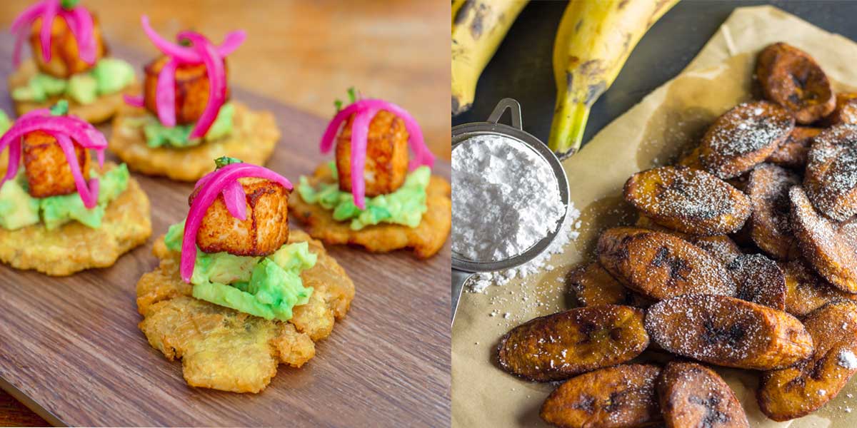 A side-by-side comparison of plantain dishes: on the left, savory tostones topped with mashed avocado, crispy fried cheese, and pickled red onions on a wooden board; on the right, sweet caramelized maduros dusted with powdered sugar on parchment paper, with ripe plantains in the background.